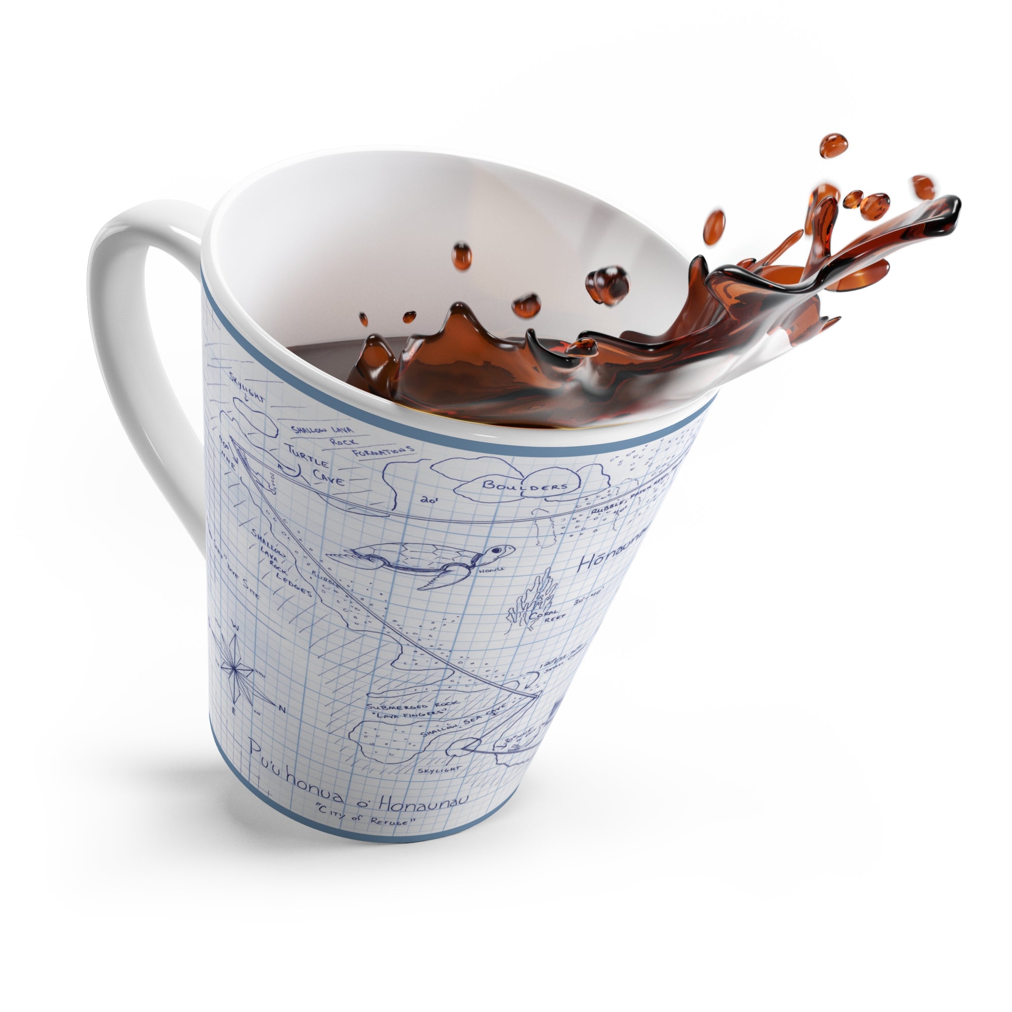"Two-Step"  Kona Dive Site Map Print, Blue and White. Latte Mug