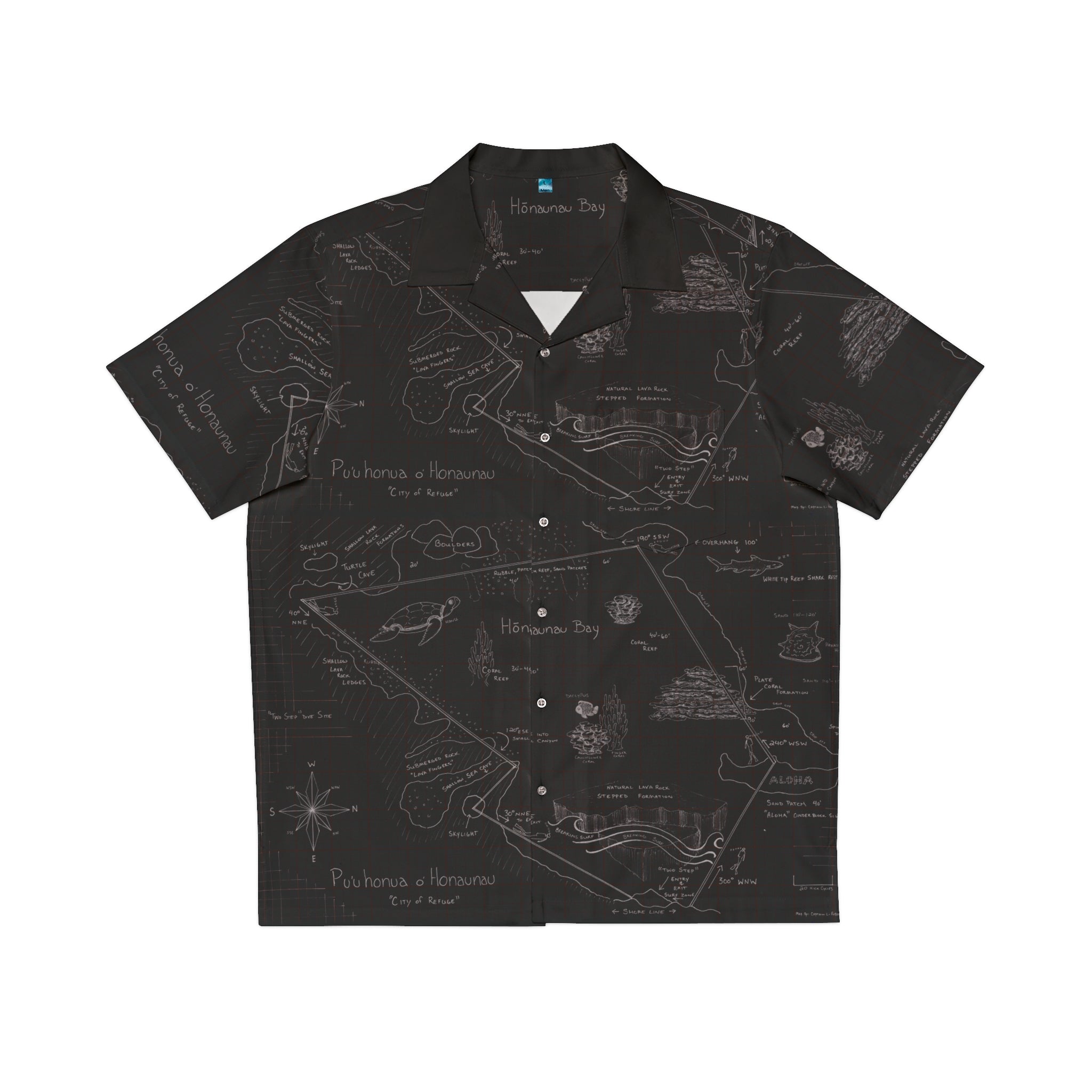 Two-Step Kona Dive Site Map Print, White on Black