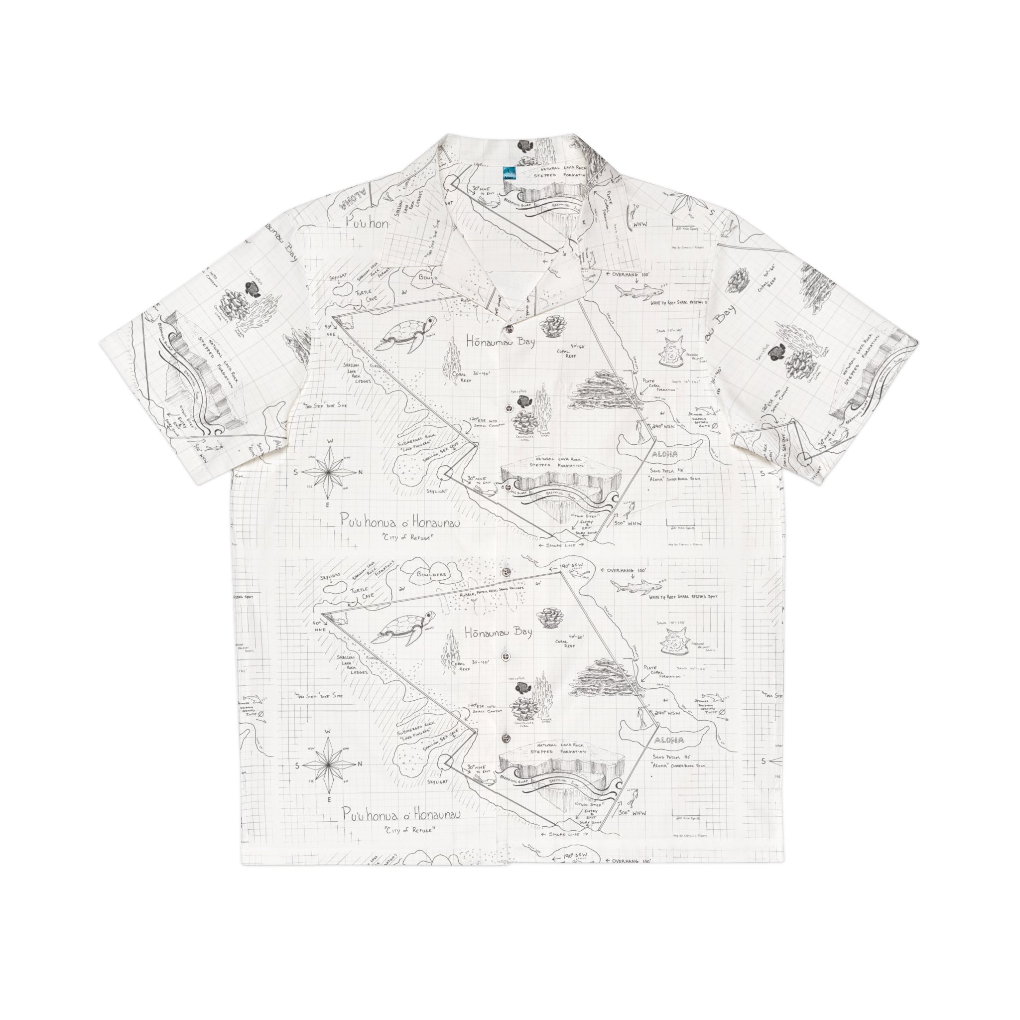 Two-Step Kona Dive Site Map Print Aloha Shirt:  Black and White