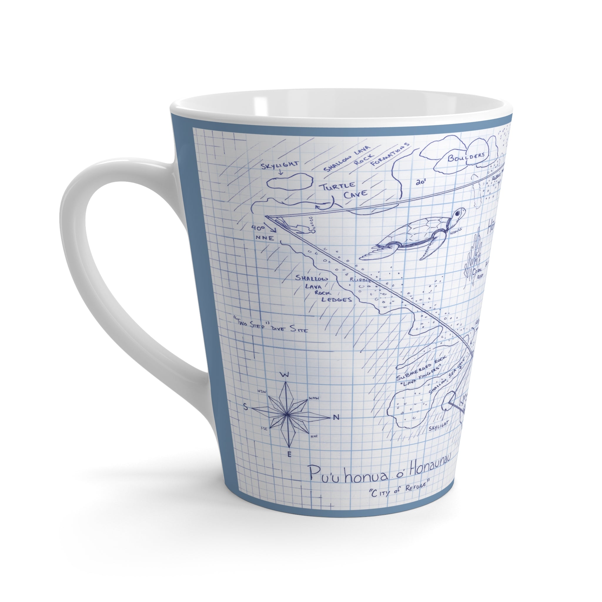 "Two-Step"  Kona Dive Site Map Print, Blue and White. Latte Mug
