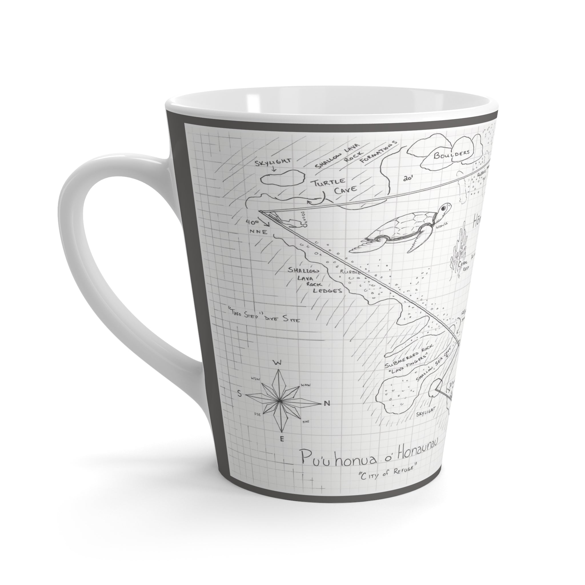 "Two-Step" Kona Dive Site Map Print, Black and White.  Latte Mug
