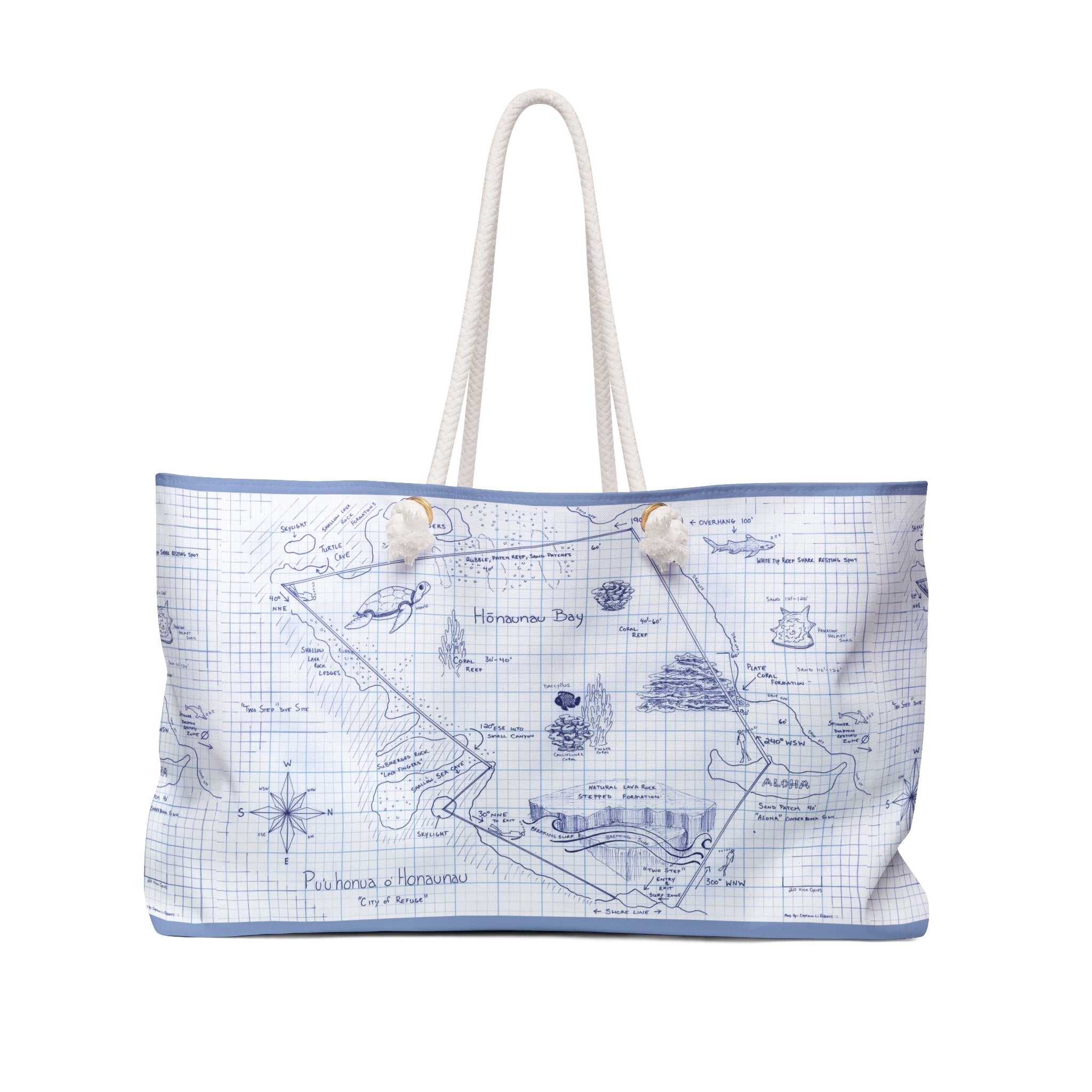Two-Step Kona Dive Site Map Print: Blue and White: Weekender Bag