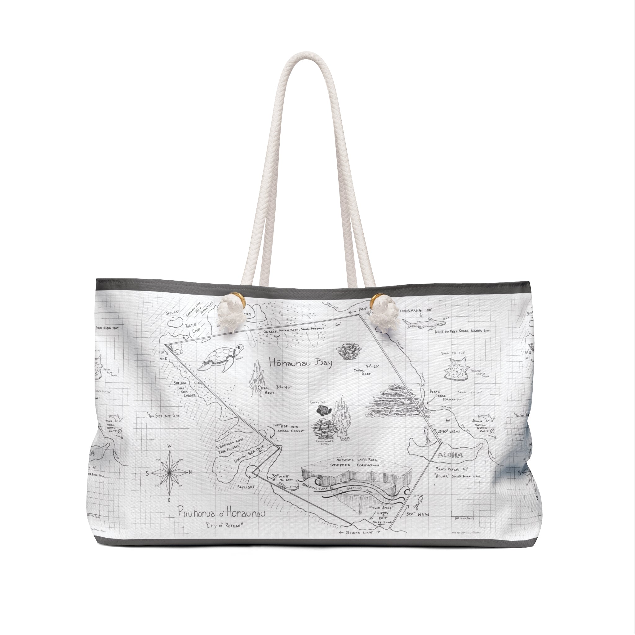 Two-Step Kona Dive Site Map Print: Black and White: Weekender Bag