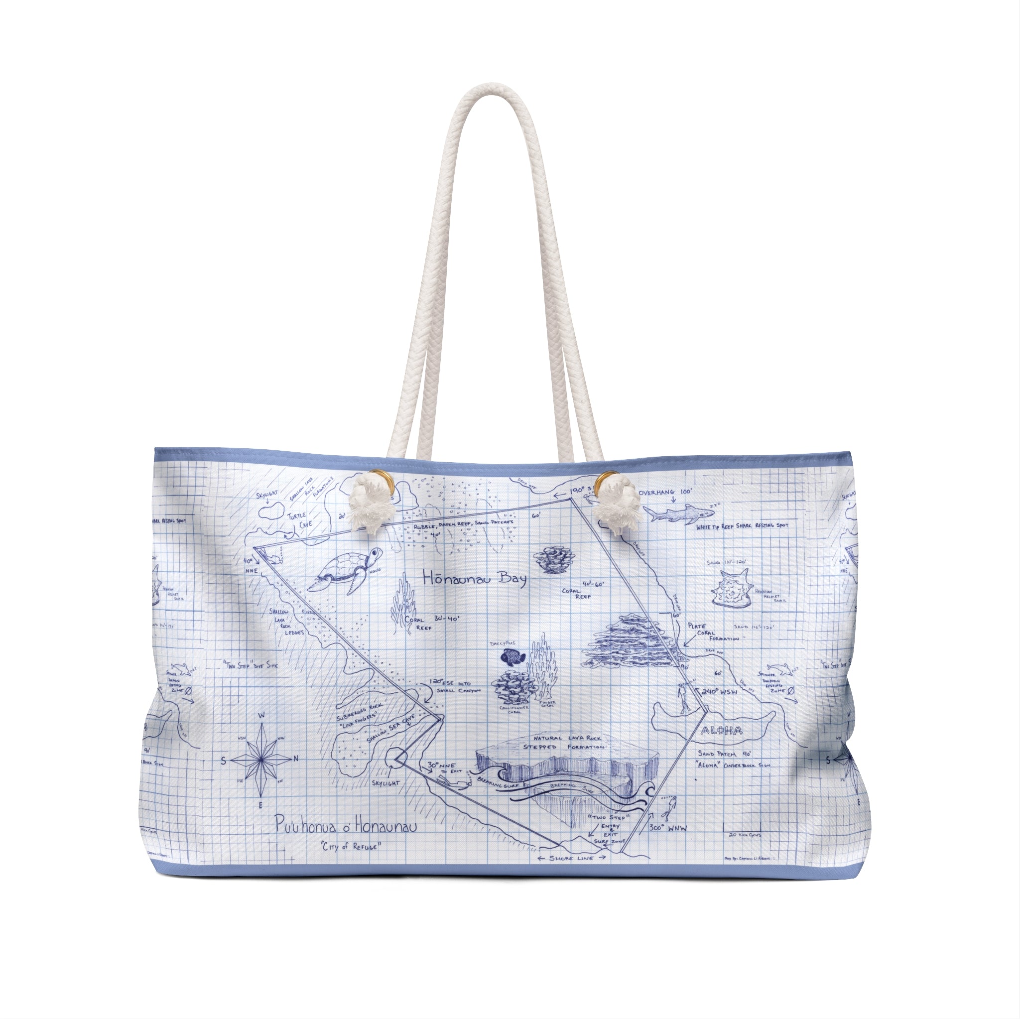 Two-Step Kona Dive Site Map Print: Blue and White: Weekender Bag