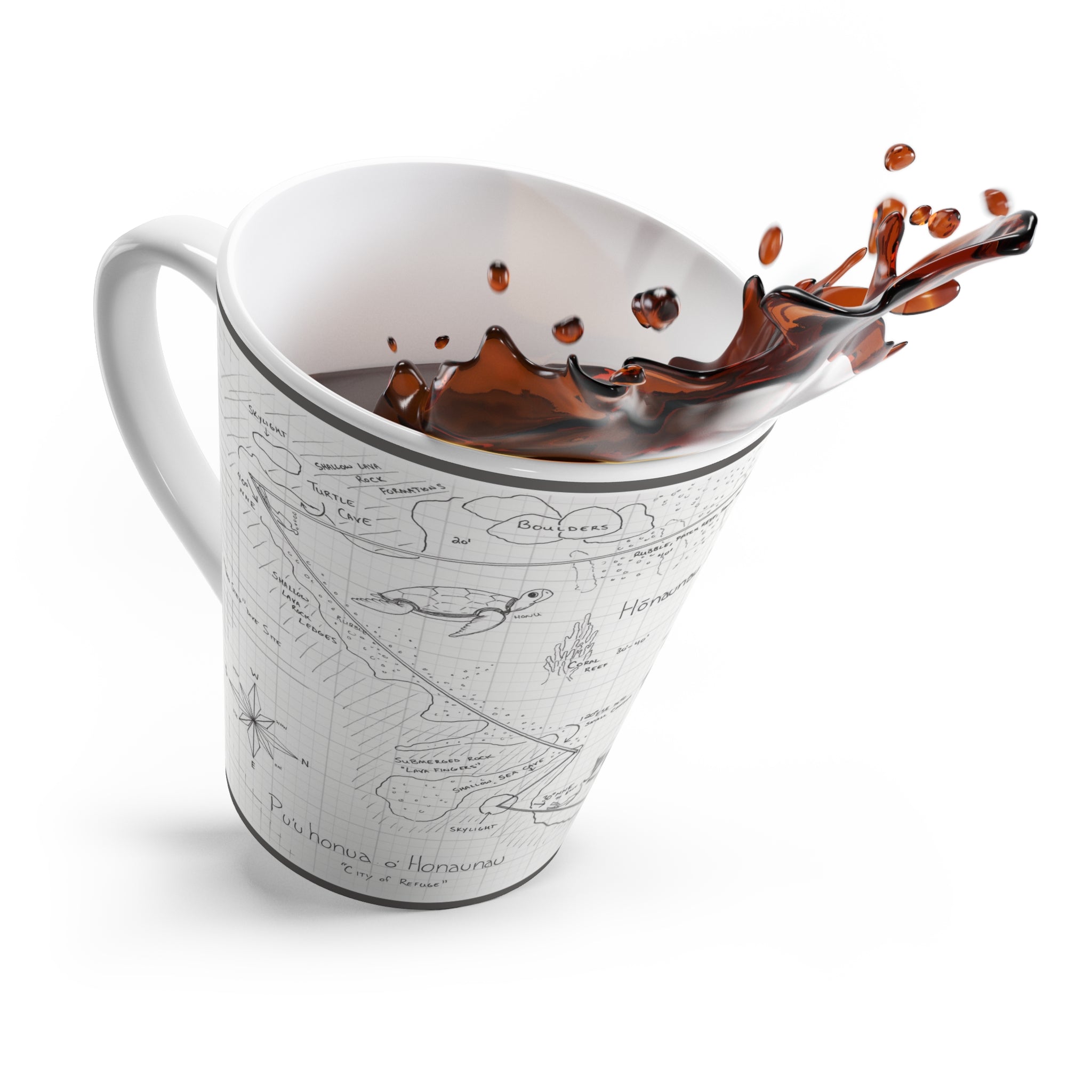 "Two-Step" Kona Dive Site Map Print, Black and White.  Latte Mug
