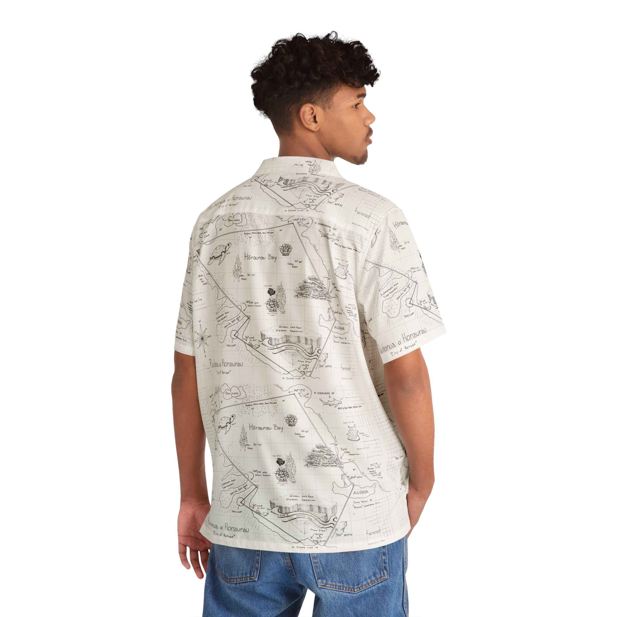Two-Step Kona Dive Site Map Print Aloha Shirt:  Black and White