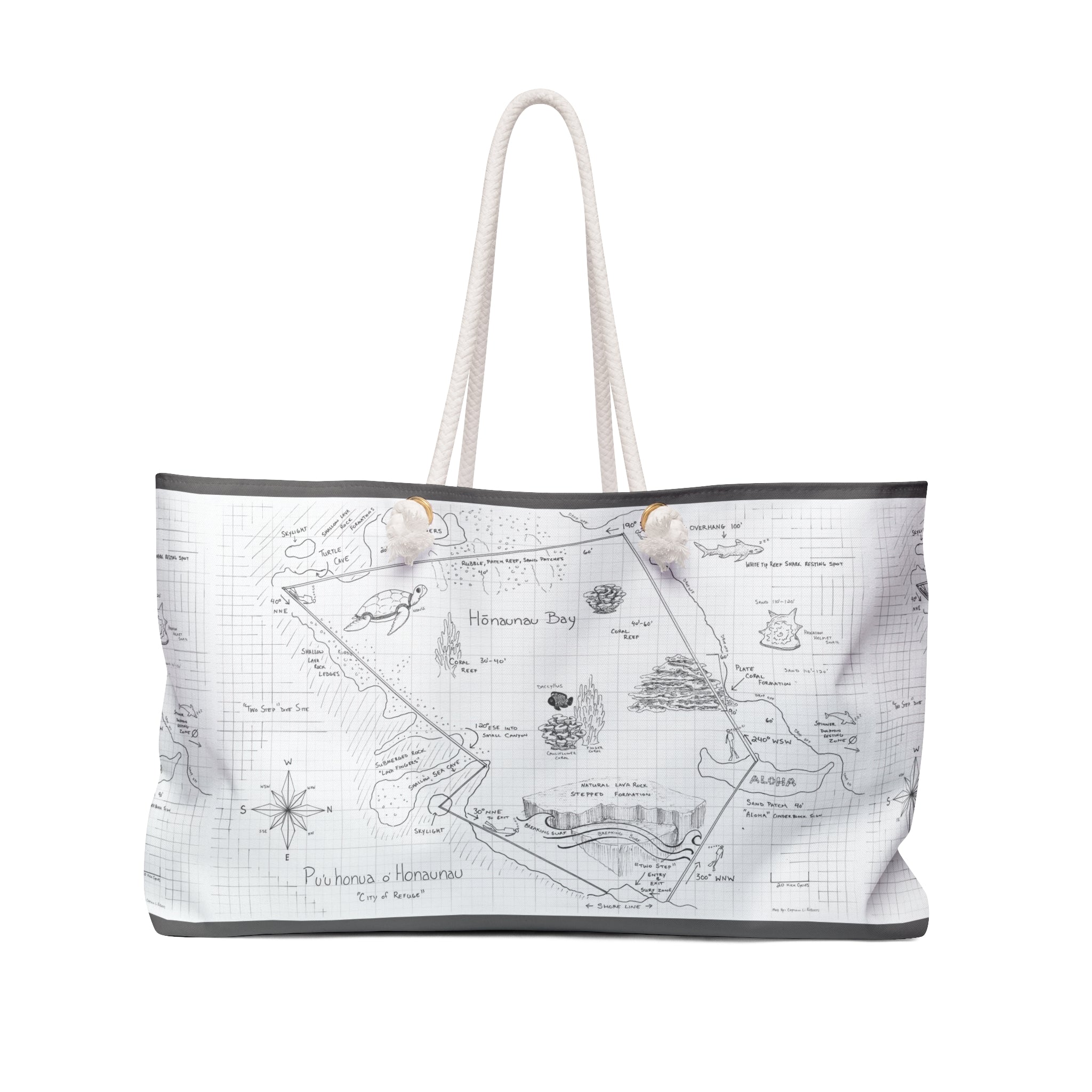 Two-Step Kona Dive Site Map Print: Black and White: Weekender Bag