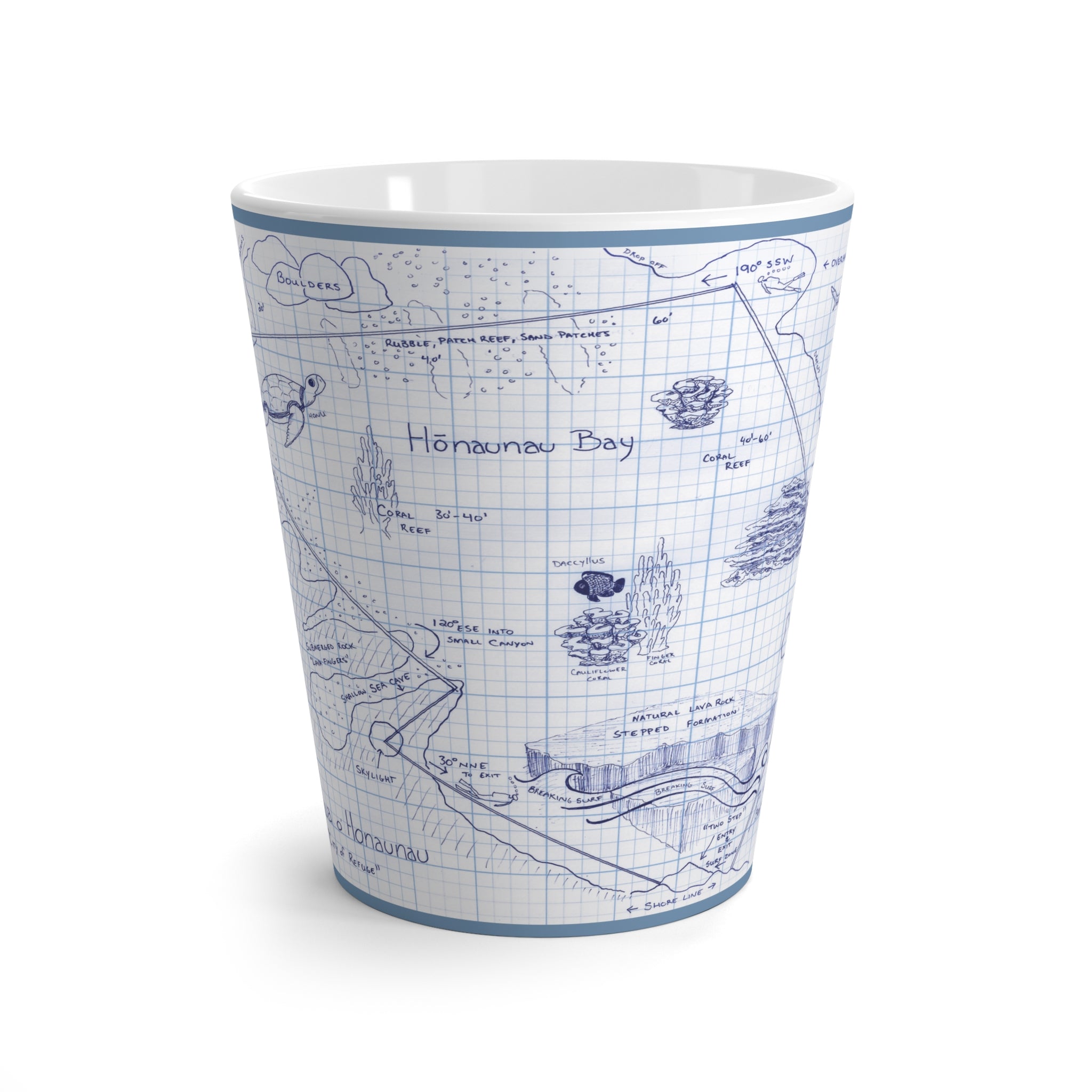 "Two-Step"  Kona Dive Site Map Print, Blue and White. Latte Mug