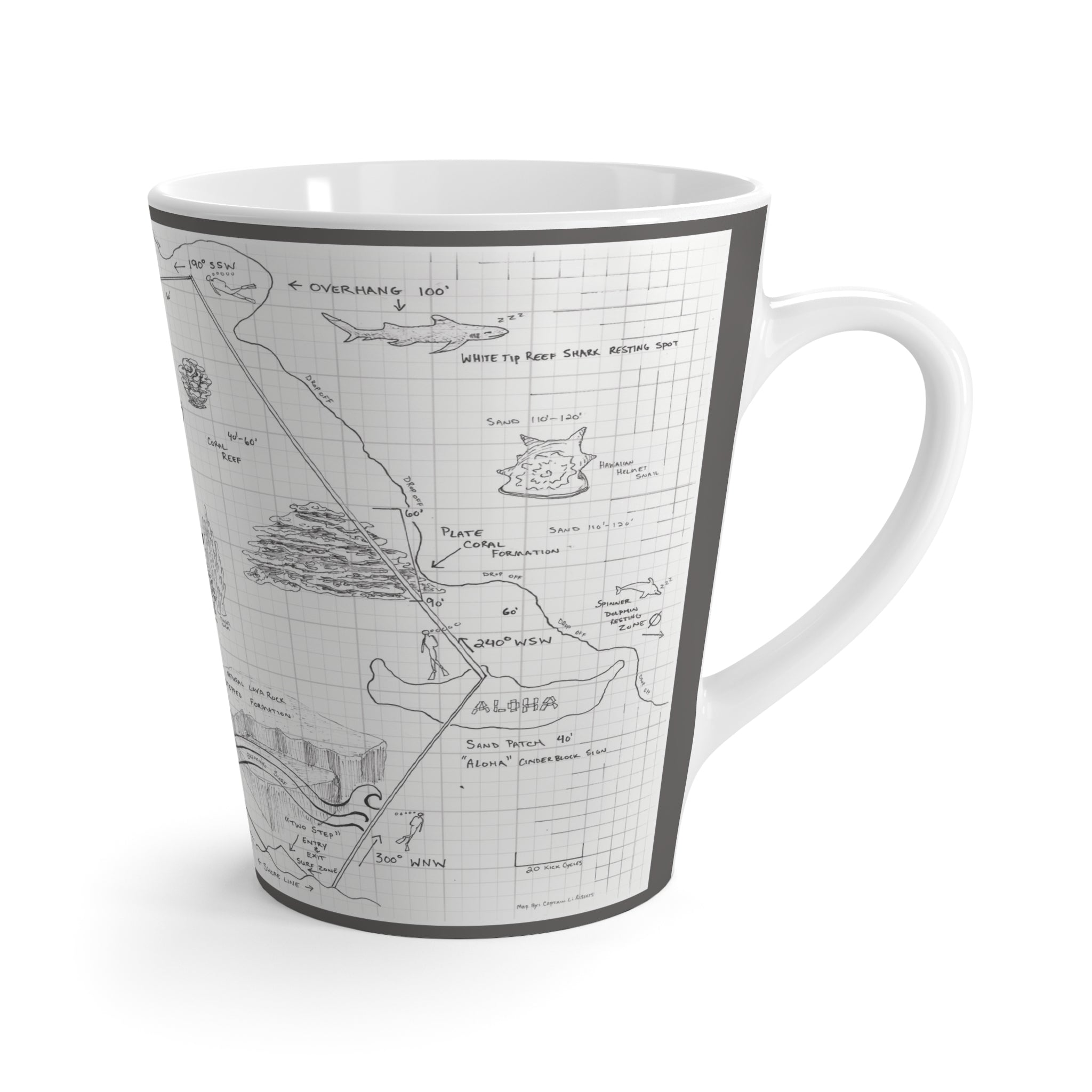 "Two-Step" Kona Dive Site Map Print, Black and White.  Latte Mug