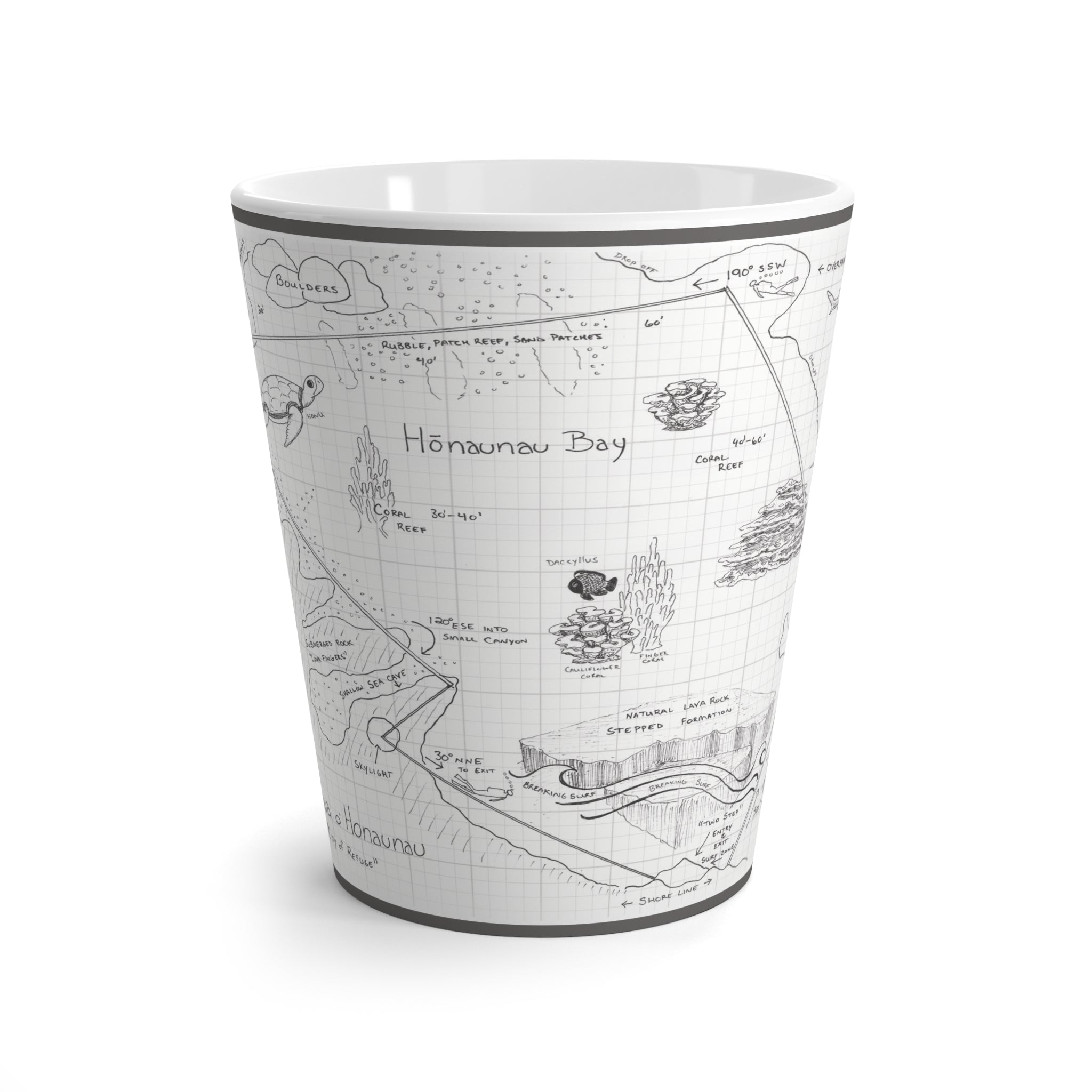 "Two-Step" Kona Dive Site Map Print, Black and White.  Latte Mug