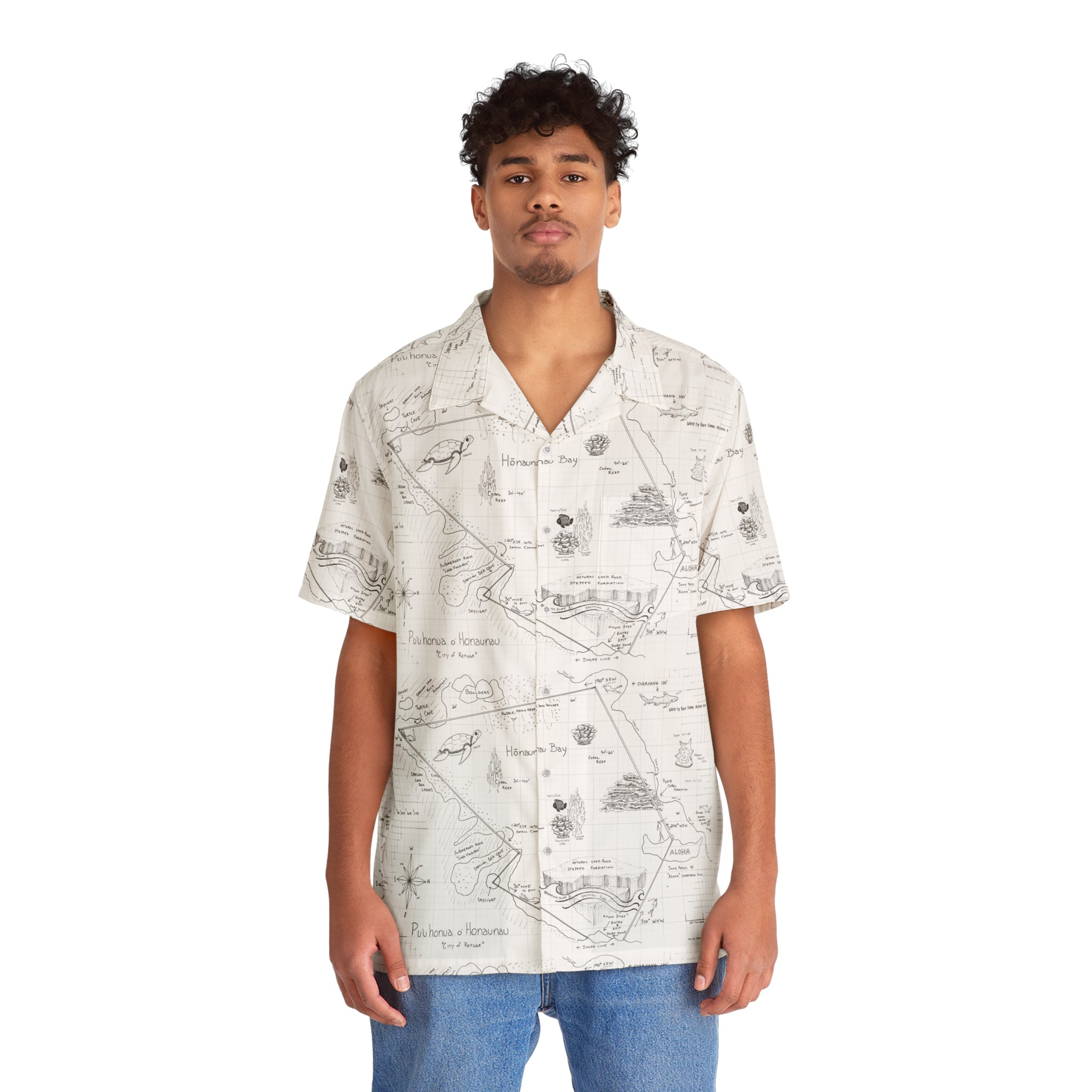 Two-Step Kona Dive Site Map Print Aloha Shirt:  Black and White