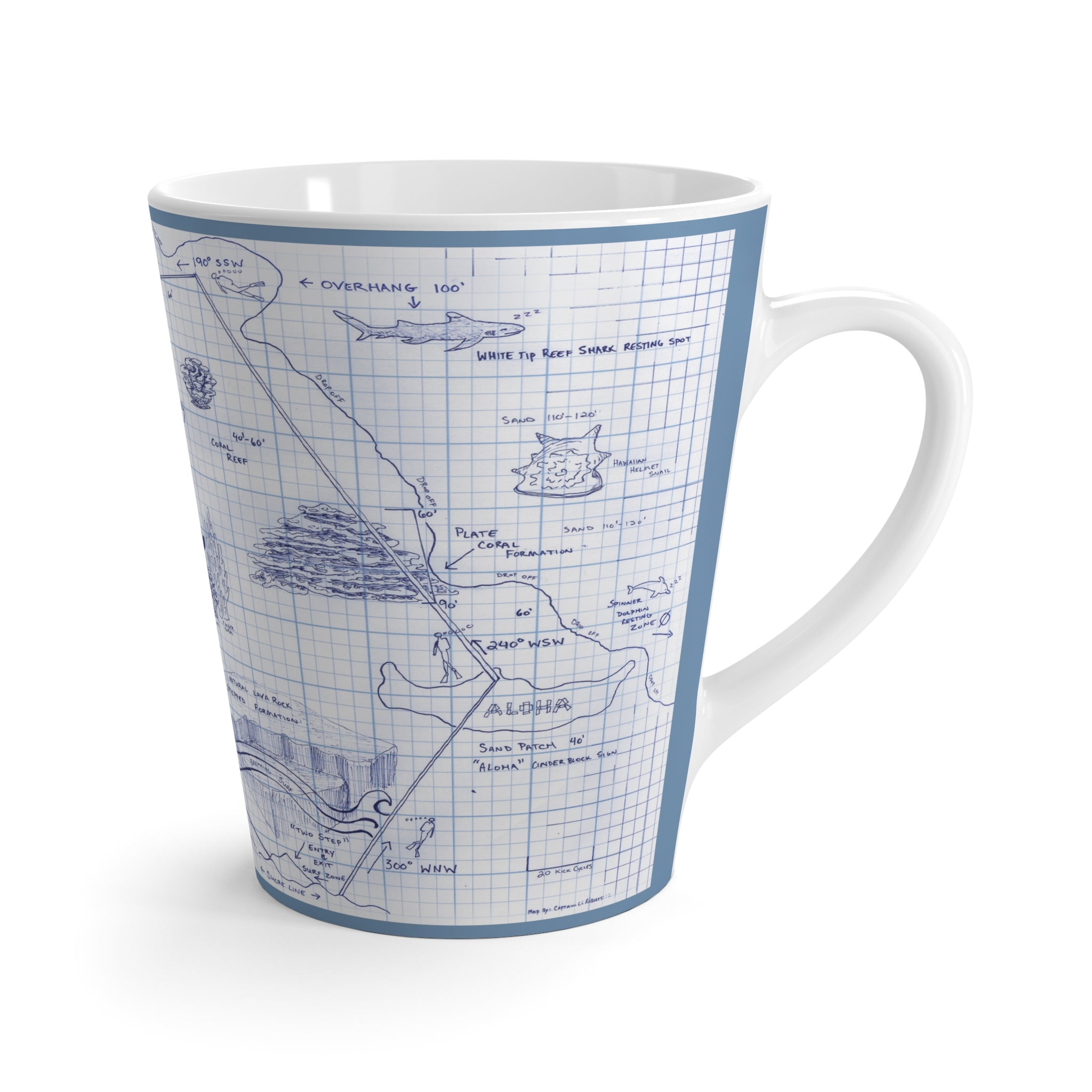 "Two-Step"  Kona Dive Site Map Print, Blue and White. Latte Mug
