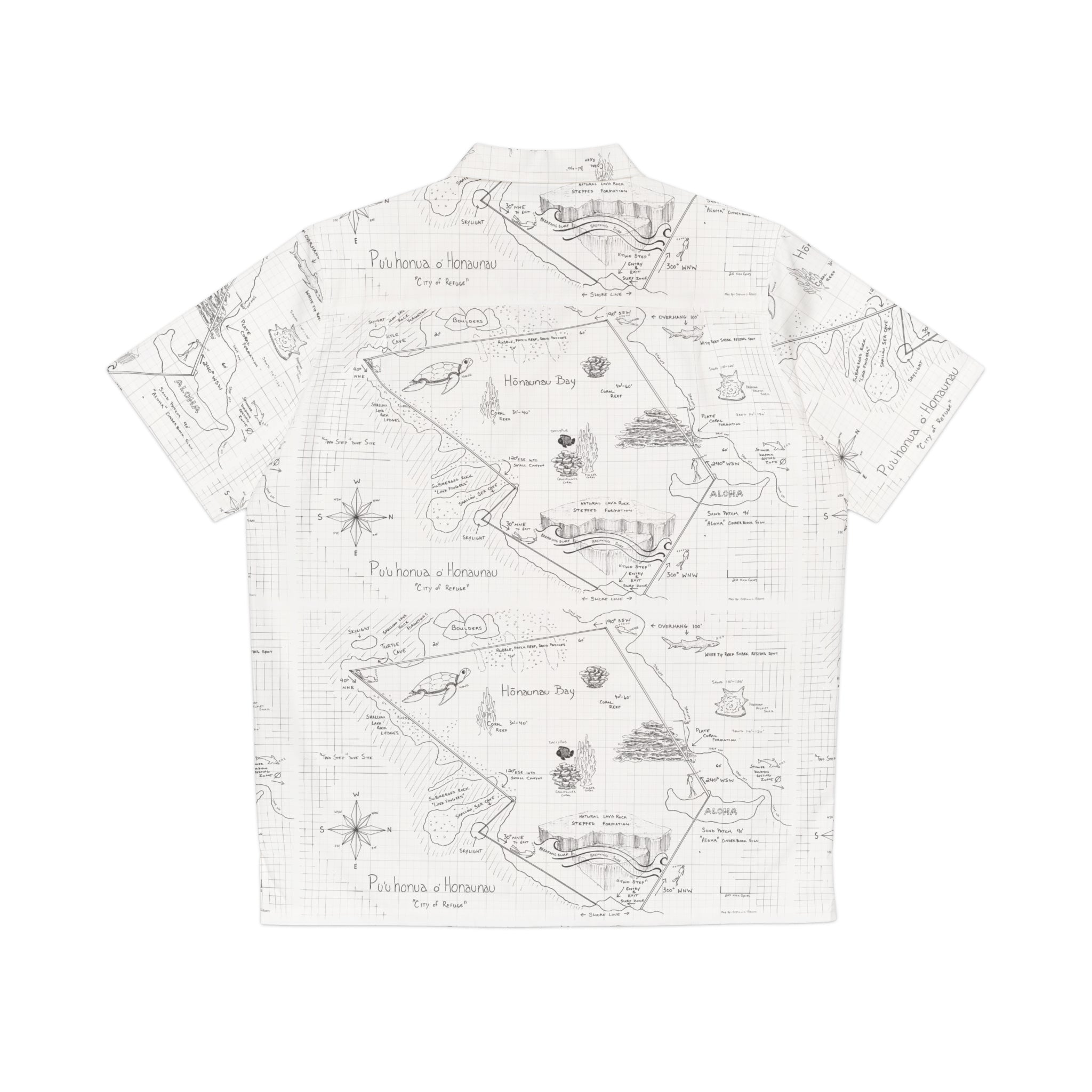 Two-Step Kona Dive Site Map Print Aloha Shirt:  Black and White